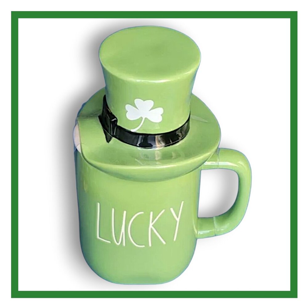 Rae Dunn "Lucky" Green Ceramic Mug with Top hat Lid Cover Lid